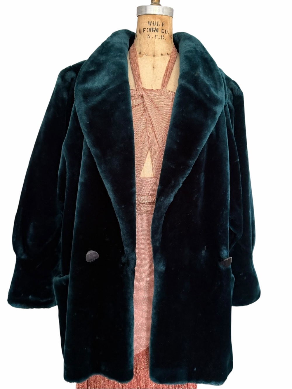 Vintage Intrigue Teal Faux Fur Coat Made in USA Size 12